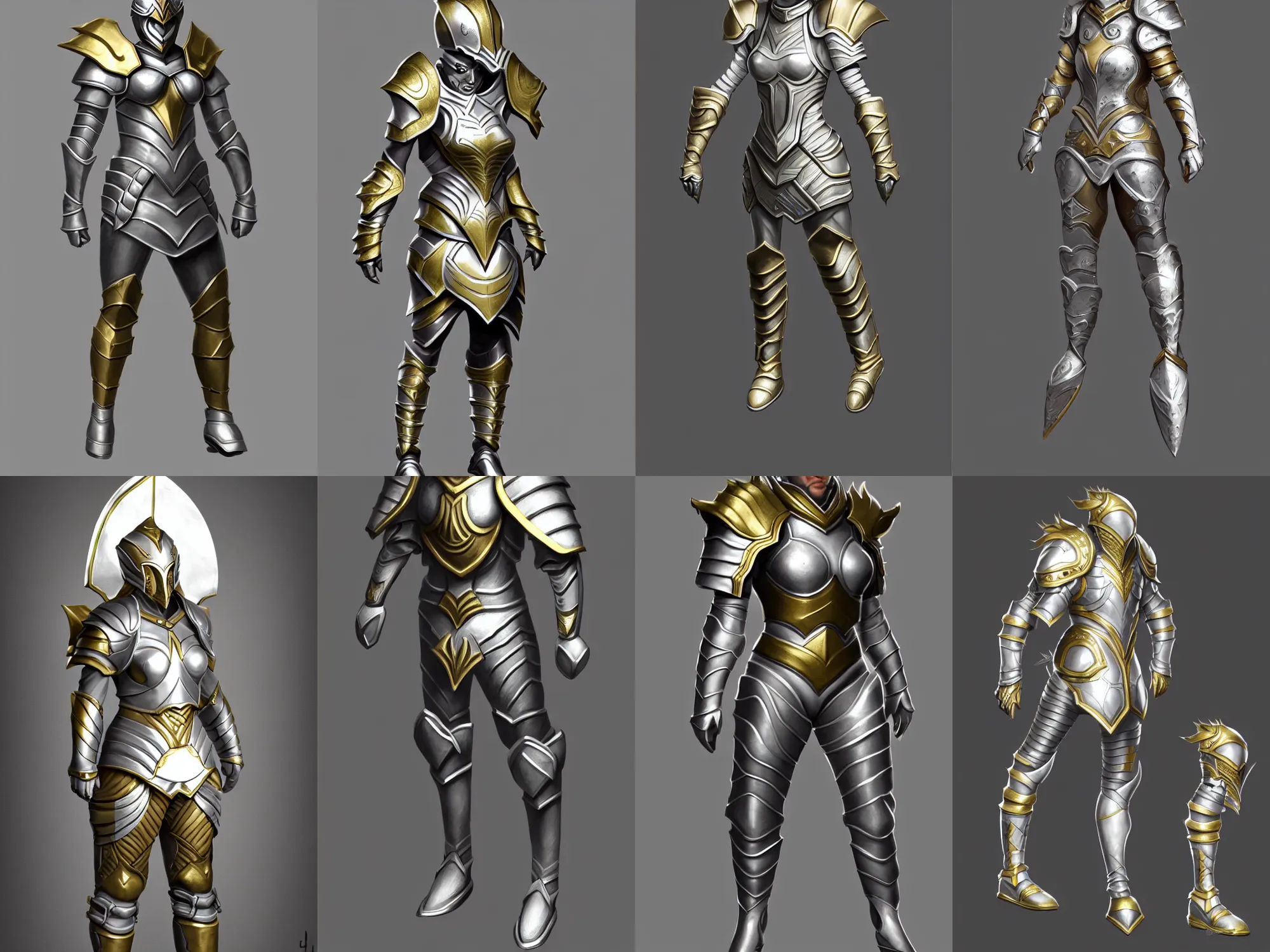 Prompt: athletic agile fantasy armor, silver with gold trim, extremely clean, exaggerated proportions, trending on polycount, fantasy character portrait, professional concept art