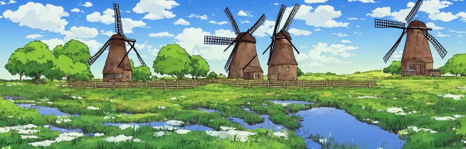 Prompt: beautiful countryside background with a windmill by studio ghibli, cute, winter