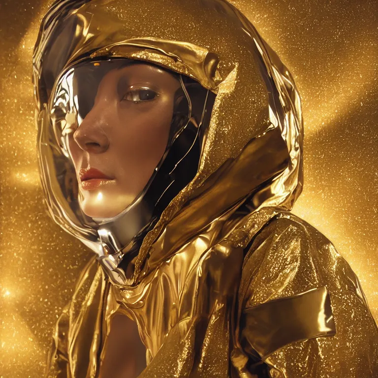 Image similar to octane render portrait by wayne barlow and carlo crivelli and glenn fabry, subject is a woman covered in colorful aluminum foil space suit with an iridescent metallic space helmet visor, floating inside a futuristic black and gold space station, cinema 4 d, ray traced lighting, very short depth of field, bokeh