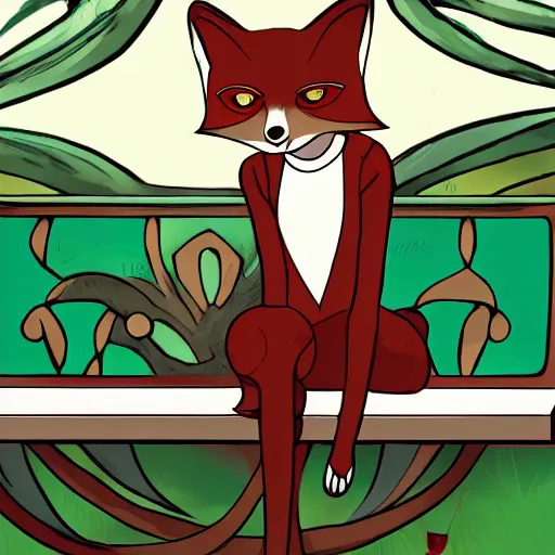 Prompt: a manly anthropomorphic fox wearing a t-shirt, sitting on a bench in a park, art nouveau, furry art, furaffinity, 4k