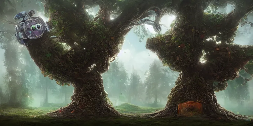 Prompt: A funny big tree, tuomas korpi, morning, fantasy, cute robot, matte painting, artstation