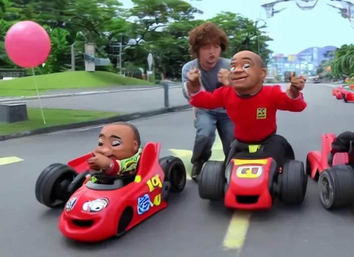 Prompt: peter dinklage racing gary coleman driving a little tikes cars in japan, movie still, from the new fast and furious movie, 8 k, realistic