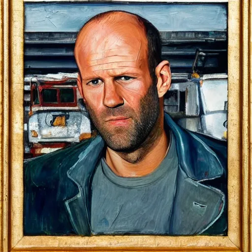 Image similar to portrait of jason statham pet detective standing atop a garbage truck mark rothko lucian freud greg rutkowski