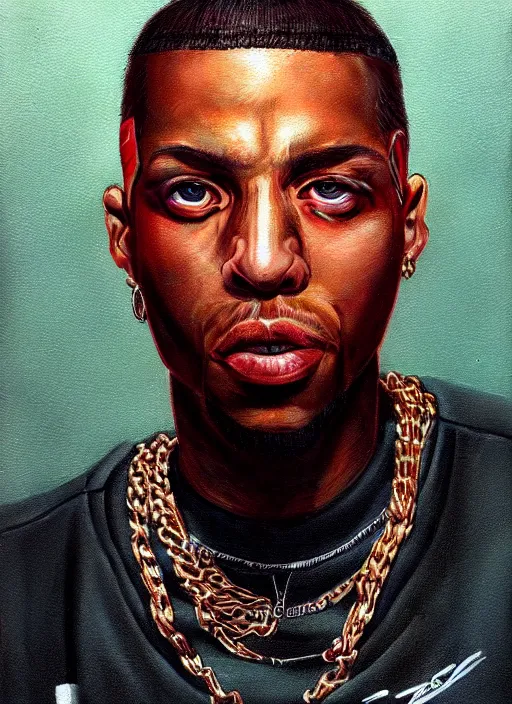 Prompt: a detailed painted portrait of an 9 0's era hiphop artist by artist hadi karimi, wlop, artgerm, greg rutkowski, confident expression, dramatic lowkey studio lighting, accurate skin textures, hyperrealism, cgsociety, aesthetically pleasing and harmonious vintage colors