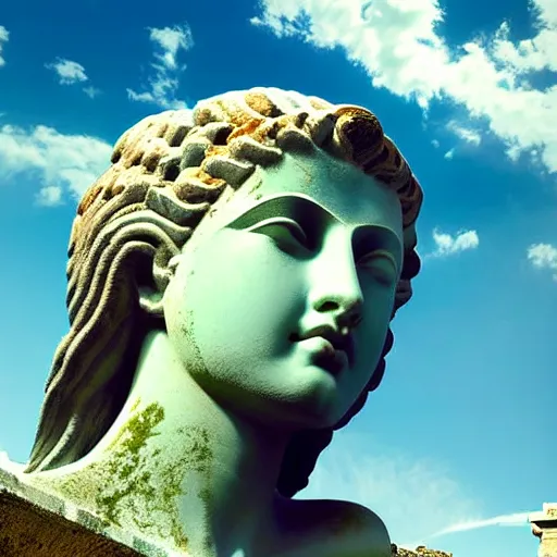 Image similar to beatiful Athena godess looking from a giant Zeus head, greek temple of olympus glory island little wood bridge painting of tower ivy plant in marble late afternoon light, wispy clouds in a blue sky, by frank lloyd wright and greg rutkowski and ruan jia