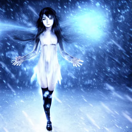 Image similar to photorealistic full body shot of masterpiece angry darkness anime girl, beautifull lovely eyes, electric aura with particles, snowing frozen ice, darkness background, inspired by tim burton, detailed, unreal engine 4 k, volumetric light, fog