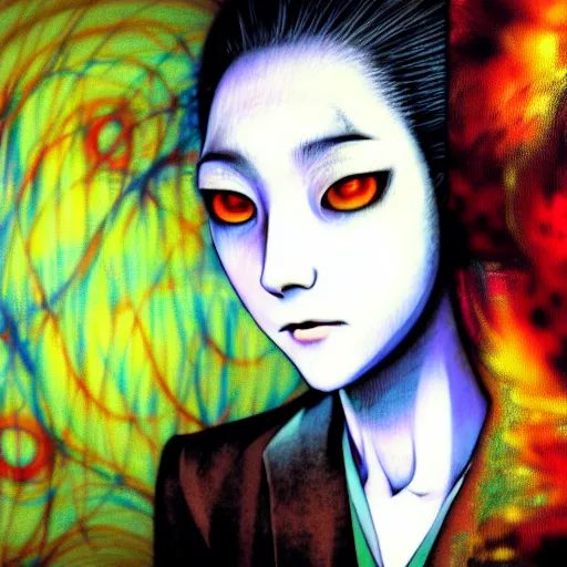 Image similar to yoshitaka amano blurred and dreamy three quarter angle portrait of a young woman with white hair and black eyes wearing dress suit with tie, playstation 2 horror game, junji ito abstract patterns in the background, satoshi kon anime, chungking express color palette, noisy film grain effect, highly detailed, renaissance oil painting, weird portrait angle, blurred lost edges