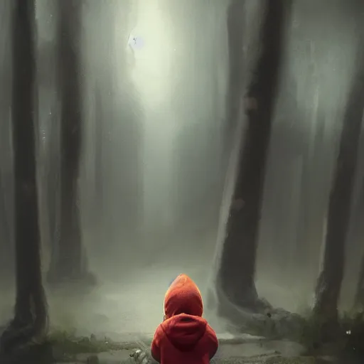 Prompt: a cute little boy wearing hoodie and waiting for his friends, full body, magical world, by greg rutkowski, sung choi, photo realistic, 8 k, cinematic lighting, hd, atmospheric, hyperdetailed, trending on artstation, devainart, digital painting, glow effect