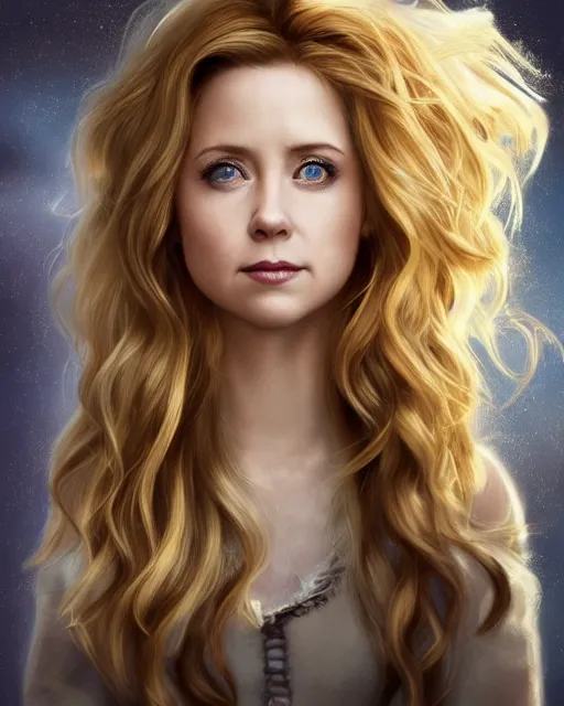 Prompt: happy whimsical jenna fischer cleric, long blonde wind swept hair, ethereal, dreamy, backlit, highly detailed, stern expression, realistic lighting, sharp focus, windswept, rule of thirds, symmetrical facial features, by artgerm, wlop, rossdraws, frank frazetta, andrei riabovitchev, trending on artstation, hd, 4 k, fantasy