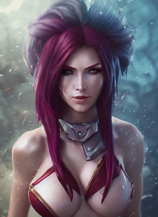 Image similar to katarina, from league of legends, au naturel, hyper detailed, digital art, trending in artstation, cinematic lighting, light armored, studio quality, smooth render, fluorescent skin, unreal engine 5 rendered, octane rendered, art style by klimt and nixeu and ian sprigger and wlop and krenz cushart