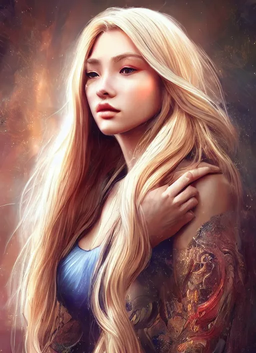 Image similar to image of a gorgeous female with long blonde hair in the style of stefan kostic, realistic, full body shot, wide angle, sharp focus, 8 k high definition, insanely detailed, intricate, elegant, art by stanley lau and artgerm, floating embers