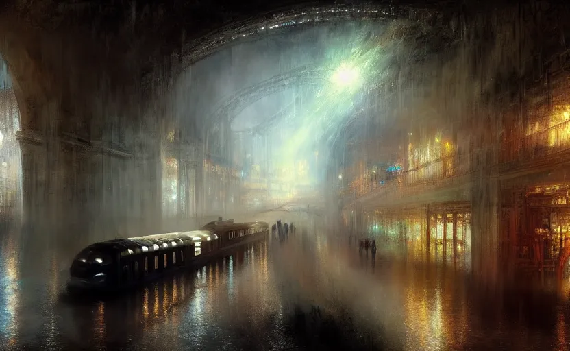 Prompt: an urban train rides inside of a waterway on a fantasy city. by artstation trending, by joseph mallord william turner, luis royo, konstantin razumov, cinematic lighting, fractal flame, highly detailed