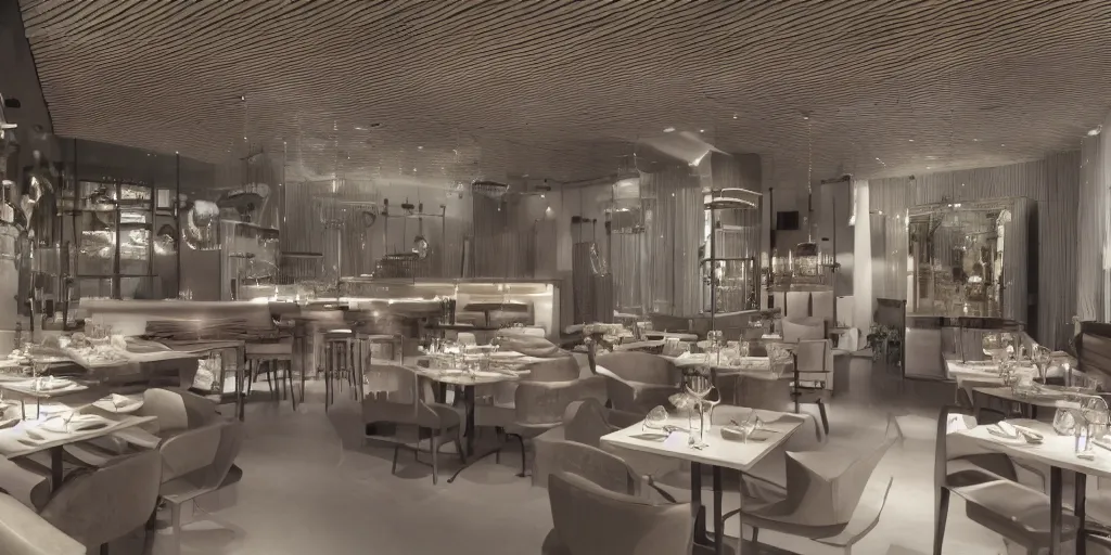 Prompt: a very fashionable restaurant, hyper realistic, octane 8 k