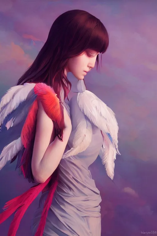 Image similar to a portrait of girl with two wings on her back and feathers. vivid colors, soft lighting, atmospheric, cinematic, moody, in the style of Ilya Kuvshinov and Range Murata, Krenz Cushart, rule of thirds, oil on canvas, 8k