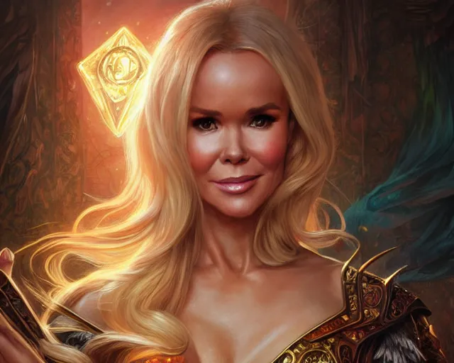 Prompt: amanda holden as a sorceress, deep focus, d & d, fantasy, intricate, elegant, highly detailed, digital painting, artstation, concept art, matte, sharp focus, illustration, hearthstone, art by artgerm and greg rutkowski and alphonse mucha