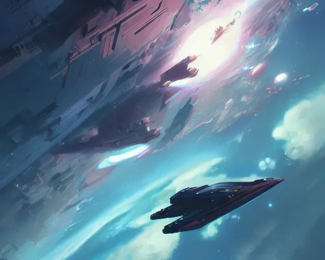 Image similar to one single futuristic space freighter flying through cosmic skies. By Makoto Shinkai, Stanley Artgerm Lau, WLOP, Rossdraws, James Jean, Andrei Riabovitchev, Marc Simonetti, krenz cushart, Sakimichan, trending on ArtStation, digital art.