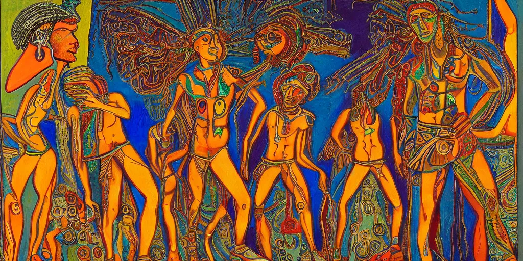 Prompt: an abstract spiritual background, a punk greek god dancing, clear eyes. 2 4 mm, photorealistic, muted color scheme, directed by mati klarwein and picasso