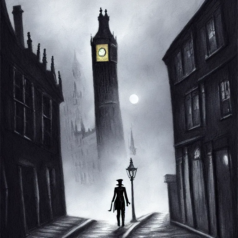 Image similar to jack the ripper lurking in a dark alleyway, holding a knife, one point perspective, full moon, foggy night, black alley cat, cobblestone road, stone arch, big ben, digital painting, hyperrealistic, macabre, spooky, trending on artstation