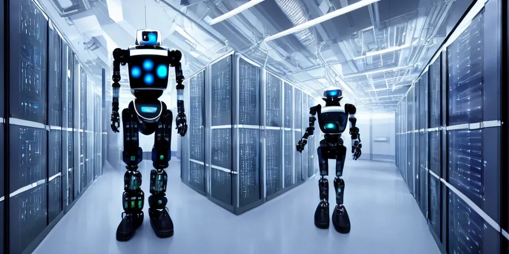 Prompt: futuristic robot in data center server room shot from michael bay movie