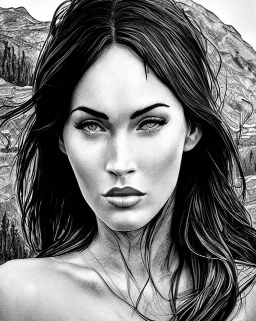 Prompt: realism sketch of megan fox face blended with beautiful mountain scenery in the style of dan mountford, double exposure, hyper realistic, amazing detail, black and white