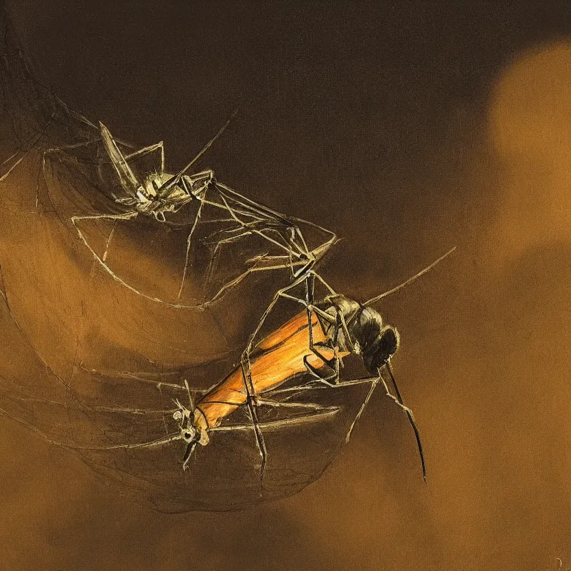 Image similar to mosquito resting on a net at night, with a dramatic lighting, painted by Tomine, highly detailed