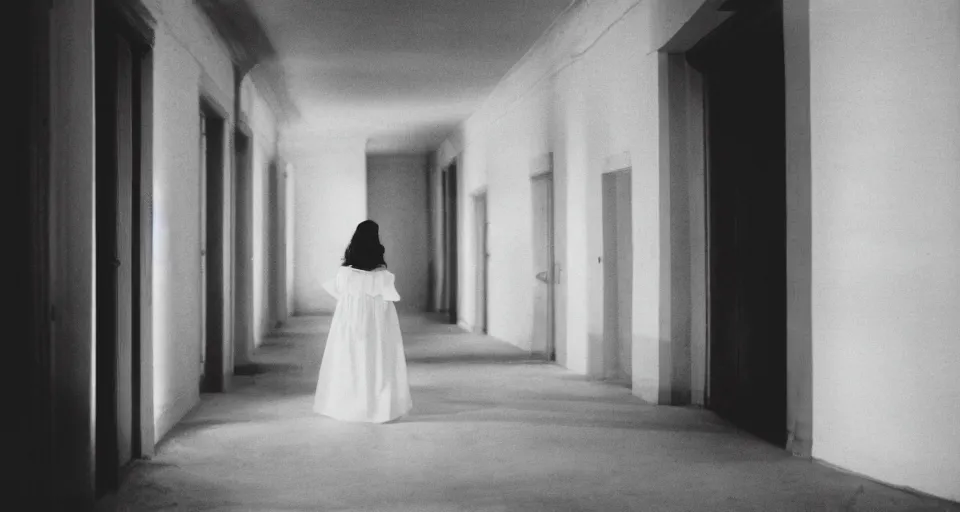 Prompt: A beautiful woman in white is walking dark hallway in old mansion at midnight , view from front, color film.