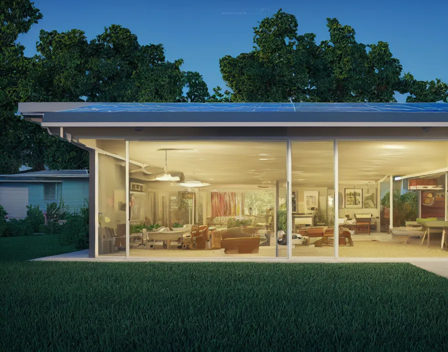 Prompt: EICHLER home, 1950s, by Asher Durand. solar power, intricate artwork, octane render, cinematic, hyper realism, golden hour, octane render, 8k, depth of field, bokeh. iridescent accents, vibrant.