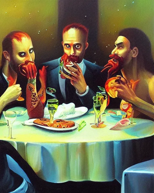 Prompt: “shrimpman’s having dinner with friends at the restaurant 666, detailed oil paint, discopunk”