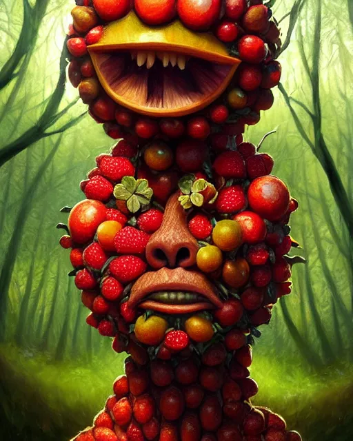 Image similar to portrait of a fruit figurine monster made of different fruit, standing in a forest, staring eyes, open mouth, trees in the background, sunlight, oil painting, highly detailed, dramatic lighting, hyperrealistic, 8 k, smooth, intricate, artstation, cgsociety, by artgerm, by wlop