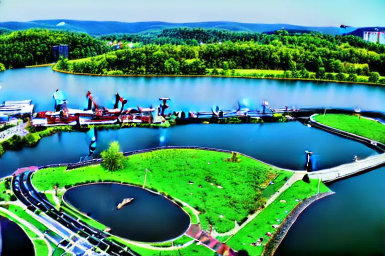 Image similar to bird's eye view photography of a small city. town hall, central farm, monorail station, inlet and shipping dock. hills, woods and pond to the north.