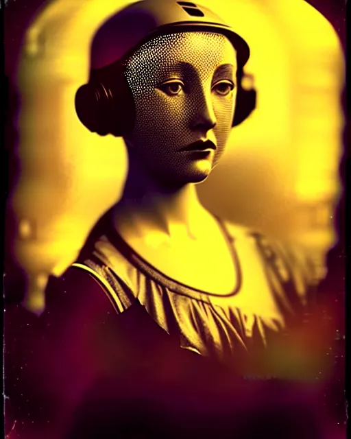 Image similar to tintype dreamy young beautiful female artificial intelligence, metropolis, cinematic, rim light, bokeh, photo - realistic, elegant, high detail, 8 k, masterpiece, photo taken in 1 9 3 0