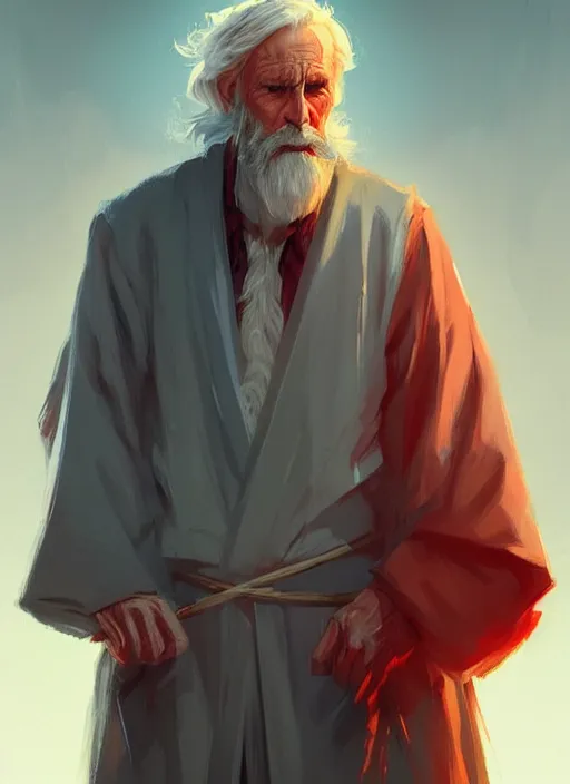 Image similar to old man with short beard, long hair! robes! modern, colourful!! highly detailed, digital painting, artstation, concept art, sharp focus, illustration, by greg rutkowski