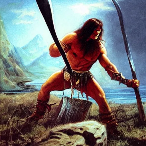 Image similar to “ conan the barbarian ” swings a “ great axe ” at a “ giant black spider, with red eyes ”. painting by ernie chan and earl norem.