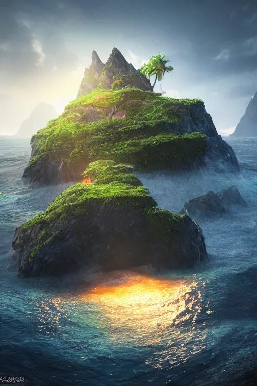 Image similar to a tiny magical island in the ocean, dramatic lighting, cinematic, establishing shot, extremely high detail, foto realistic, cinematic lighting, post processed, concept art, high details, cinematic, 8k resolution, beautiful detailed, photorealistic, digital painting, artstation, concept art, smooth, sharp focus, artstation trending, octane render, unreal engine