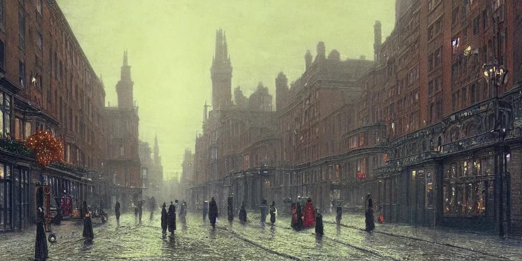 Image similar to Victorian city street with balconies and plants on a Christmas winter in London, evening, low angle view, detailed matte painting, cinematic, John Atkinson Grimshaw, Artstation