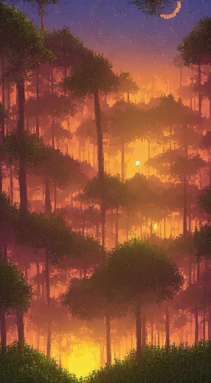 Image similar to a dreamy sunset in the big forest with houses in pixelart style, highly detailed, illustration