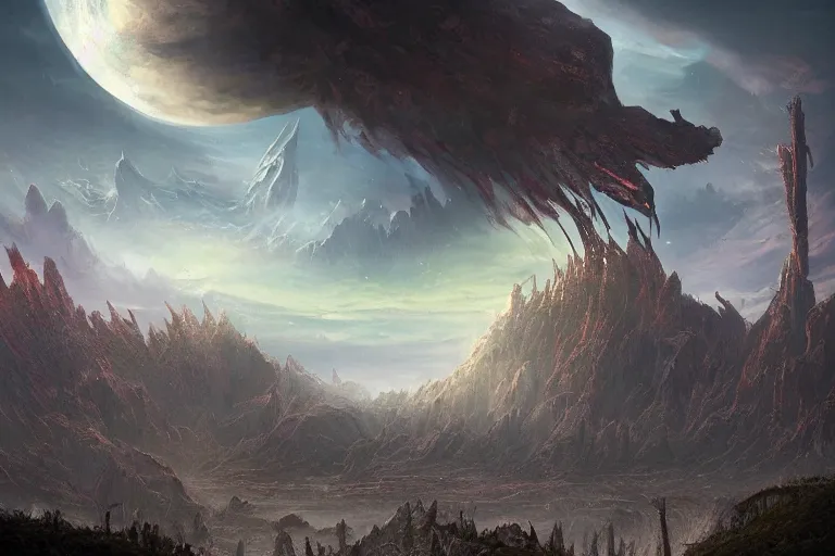 Image similar to the primordial Aztec chaos fantasy landscape by Jessica Rossier and HR Giger