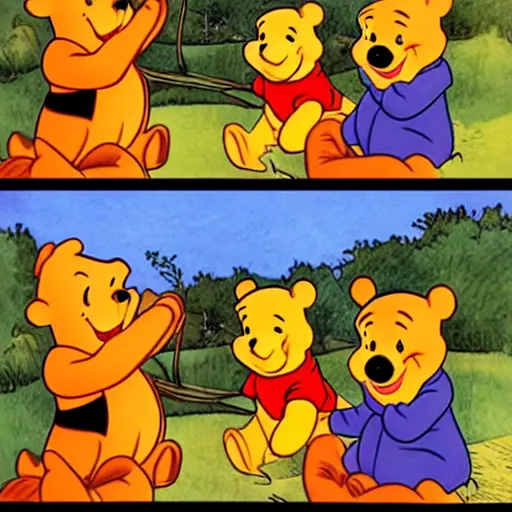 Image similar to winnie the pooh lighting a house on fire, in the style of winnie the pooh