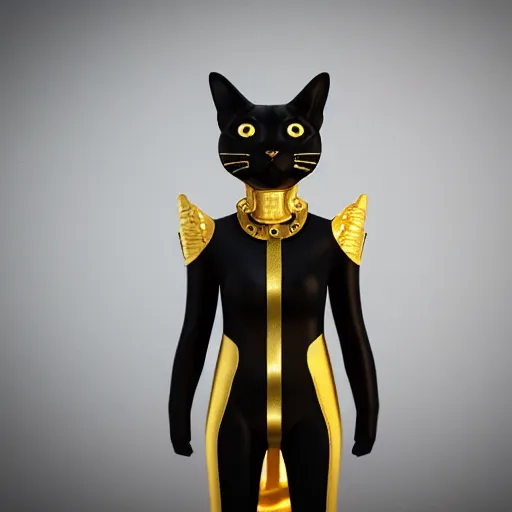 Image similar to a black cat wearing a gold armor outfit, a character portrait by hanns katz, shutterstock contest winner, afrofuturism, sci - fi, 3 d render