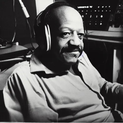 Prompt: sherman hemsley sitting at a recording console in a recording studio, faded photograph from 1 9 8 2