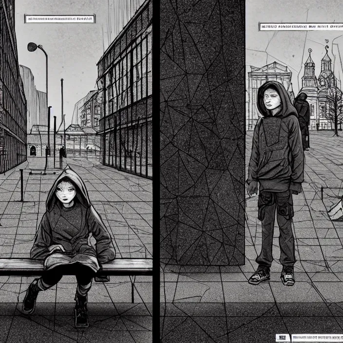 Prompt: sadie sink in hoodie sits on bench in ruined square, pedestrians walk by, soviet monument and propaganda posters. storyboard, scifi cyberpunk. by gabriel hardman. cinematic atmosphere, detailed and intricate, perfect anatomy