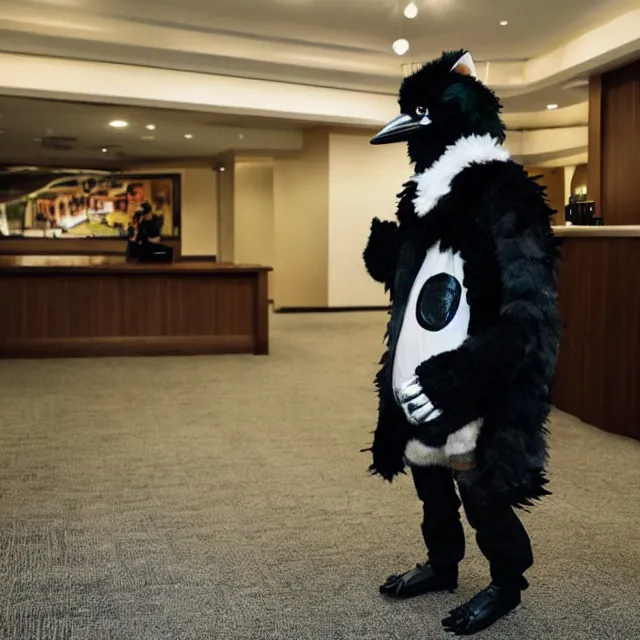 Image similar to a person wearing a fursuit of a magpie fursona, fursona, furry convention, hotel lobby, indoors, photograph, furry fandom, photorealistic,