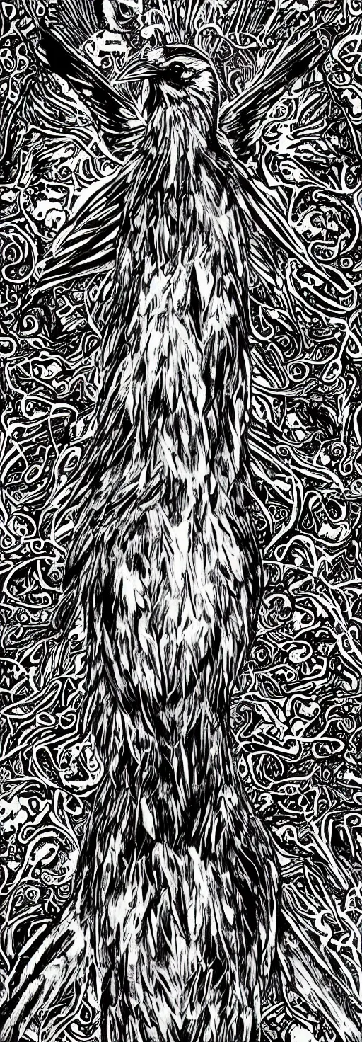 Image similar to psychedelic, monochrome artwork!!, of a single raven and deer combined, in front of an owl that is a window into the ocean, by didier comes, graphic novel art,
