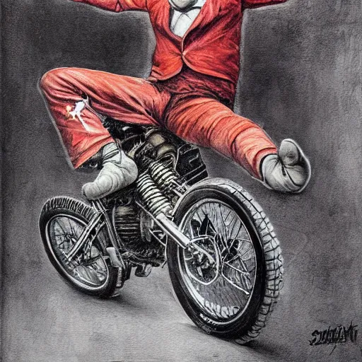 Image similar to a realistic painting of a clown performing a motorcycle stunt by Santiago Caruso, H 1024 W 1024