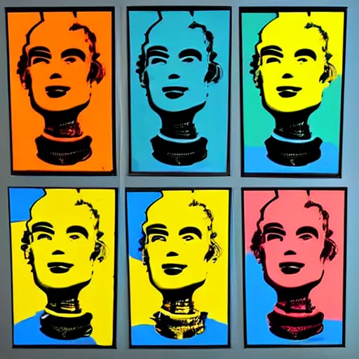 Image similar to old robot, 6 panels by andy warhol, with highly contrasted colors and an illuminating background