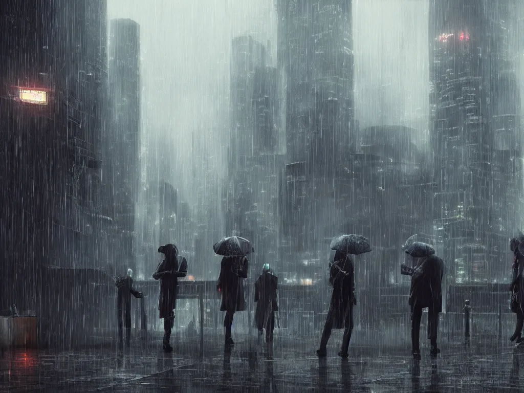 Prompt: People with umbrellas on terrace, rainy atmosphere in the style of cyberpunk. Dramatic, Cinematic, ArtStation, realistic photograph, ambient, dark shades of colors, Unreal Engine 5, rendered by Octane.