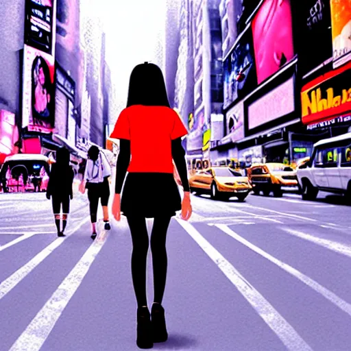 Image similar to digital anime art, unnecessary censorship of a girl walking on the streets of new york