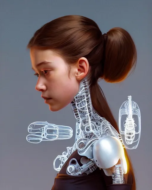 Prompt: weta disney pixar movie still head and torso portrait photo of young millie alicia bobby vikander brown with a white ponytail as thoughtful intricate detailed mechanical translucent cyborg girl opening up her chest by pixar, by weta, wlop, ilya kuvshinov, rossdraws, artgerm, latex, iridescent, bright morning, anime, liosh, mucha