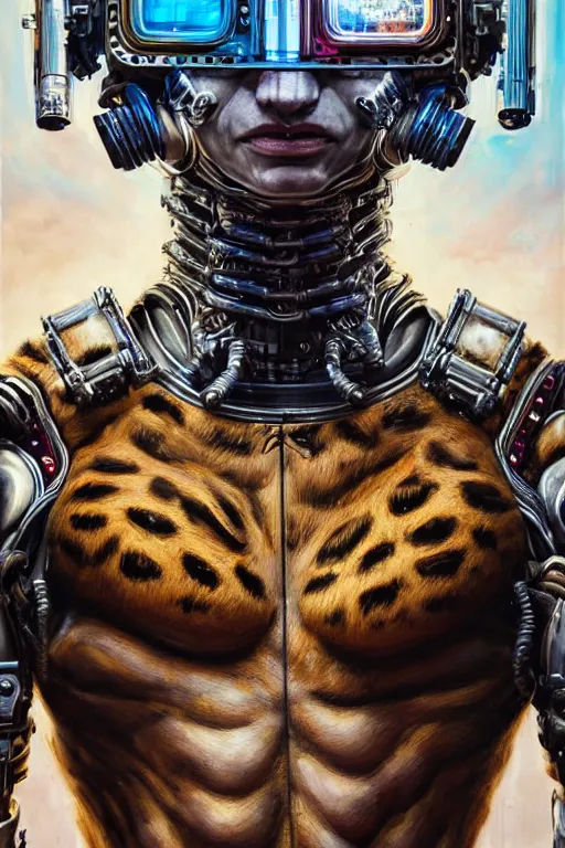 Image similar to a portrait of a muscular anthropomorphic cyberpunk cheetah in spacesuit armor with ensignia on chest plate by sandra chevrier, by jon foster, detailed render, post - processing, extremely hyperdetailed, intricate, epic composition, cybernetics, 4 k realistic, cryengine, realistic shaded lighting, sharp focus, masterpiece, by enki bilal