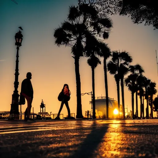 Prompt: people start to levitate into the sky while walking down seaside town street at dusk, warm colours, street photography